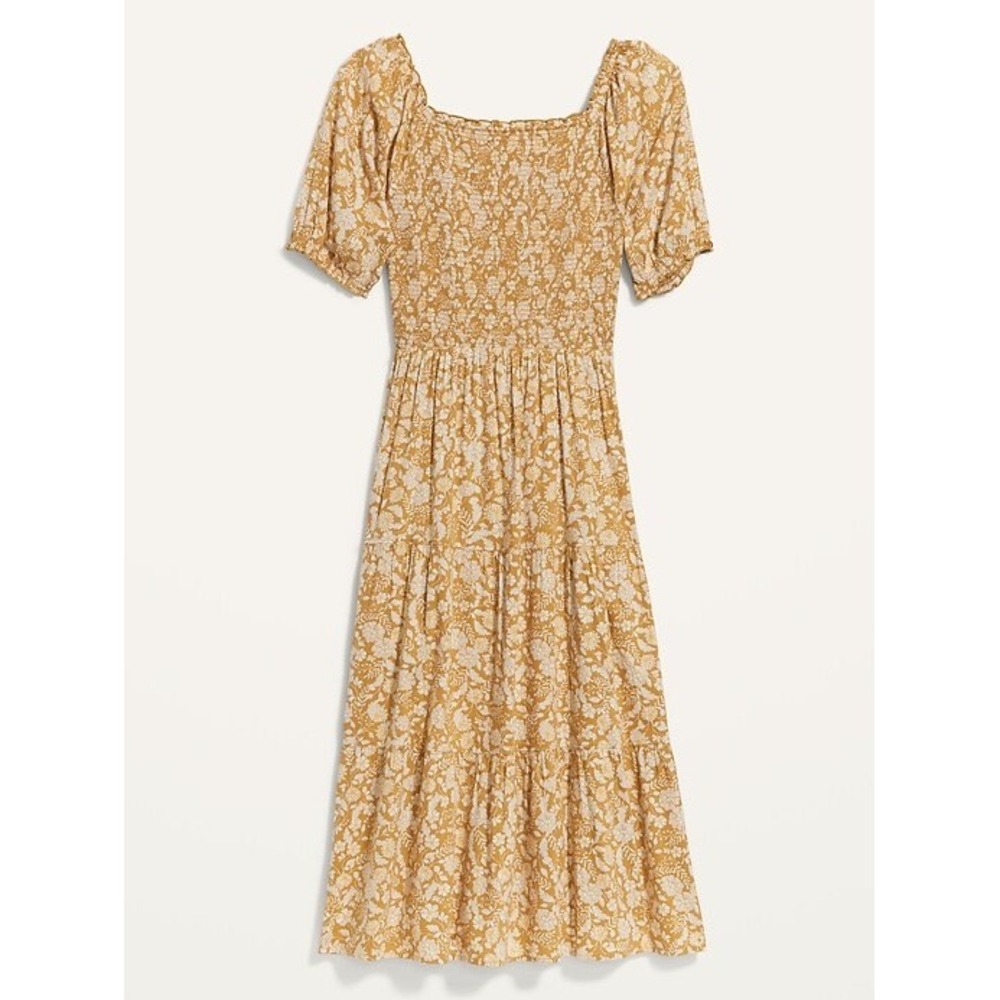 Old Navyβ Floral Smocked Midi Dress Mustard Yellow Puff Sleeve Cottagecore Small